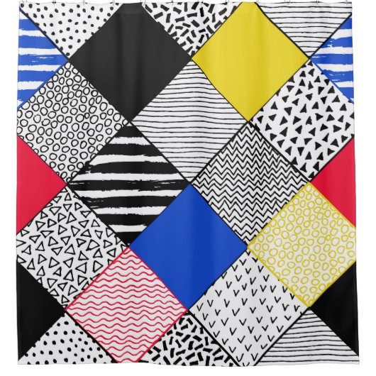 Patchwork achtergrond: vogels, stippen. douchegordijn (Voorkant)