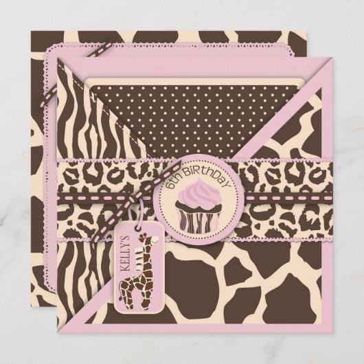 Patchwork Animal Print Cupcake Zesde verjaardag Kaart (Voorkant / Achterkant)