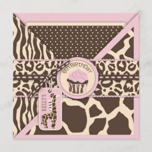 Patchwork Animal Print Cupcake Zesde verjaardag Kaart
