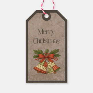 Patchwork Bellen met Strik in Kerstkleuren Cadeaub Cadeaulabel