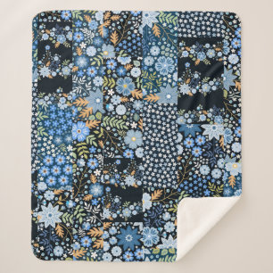 Patchwork Blauwe Bloemen: Naadloze Stof. Sherpa Deken