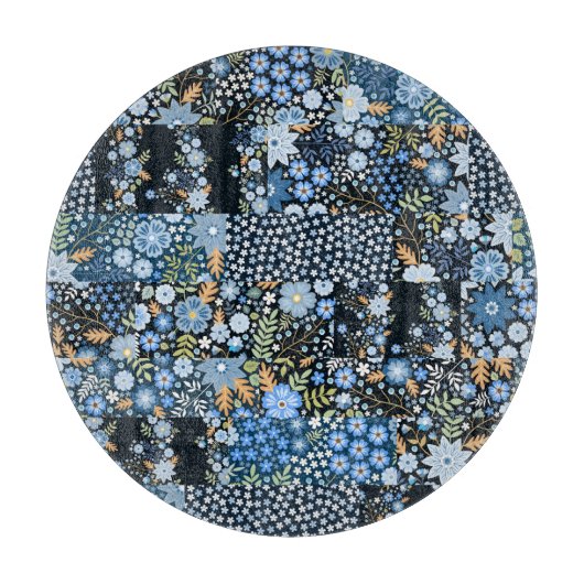 Patchwork Blauwe Bloemen: Naadloze Stof. Snijplank (Voorkant)