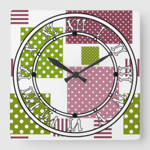 Patchwork bruine groene polka stippen witte rug vierkante klok