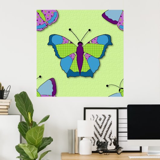 Patchwork Butterfly Pattern on Green Poster (Thuiskantoor)
