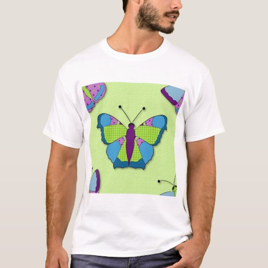 Patchwork Butterfly Pattern on Green T-shirt (Voorkant)