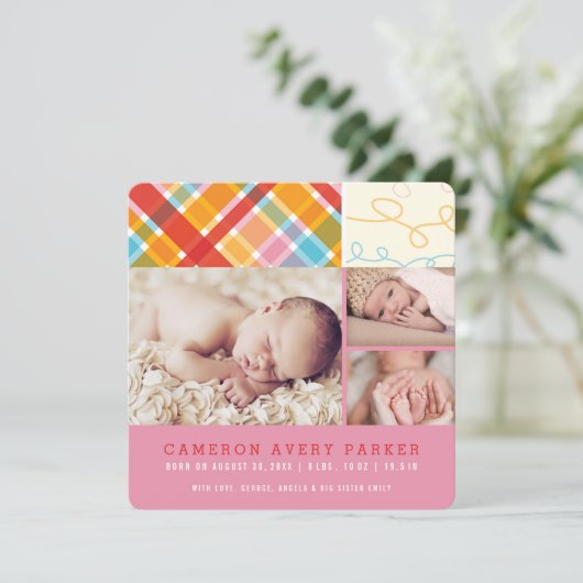 Patchwork Checks Baby Girl Faire-part de naissance (Debout devant)