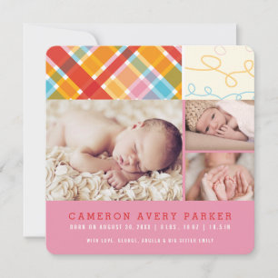 Patchwork Cheques Baby Meisje Geboorte Aankondigin Aankondiging