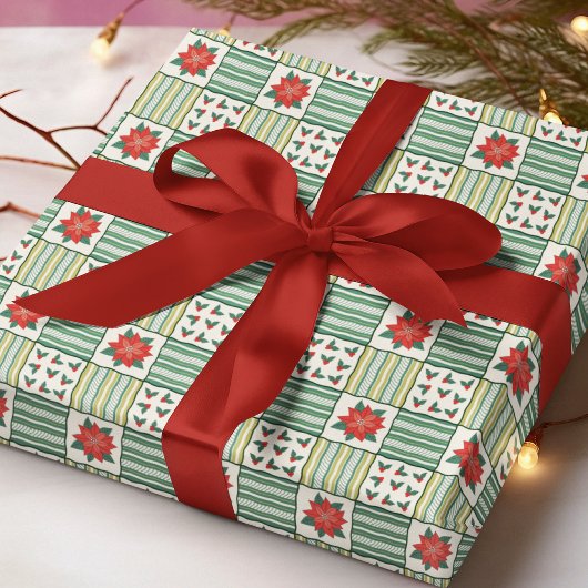 Patchwork Christmas Poinsettia Floral Pattern Cadeaupapier