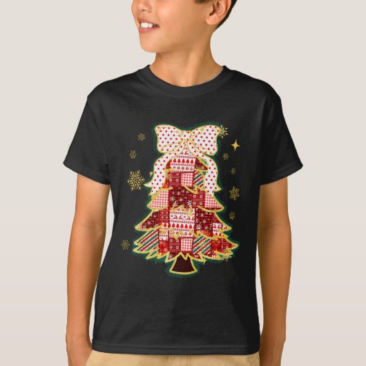 Patchwork Christmas Tree Coquette Bow Xmas Holiday T-shirt (Voorkant)