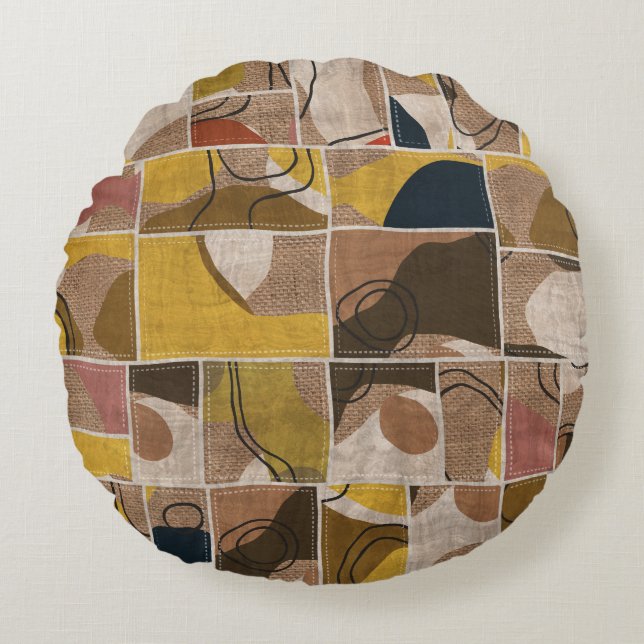 Patchwork collage quilt: gemengde print. rond kussen (Voorkant)