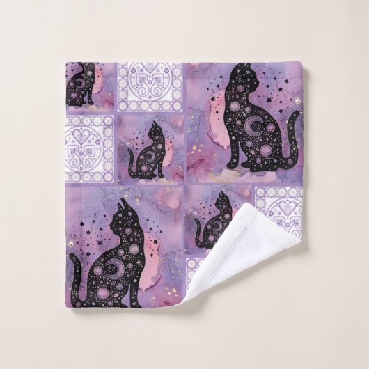 Patchwork de chats cosmiques pourpres (Gant de toilette)