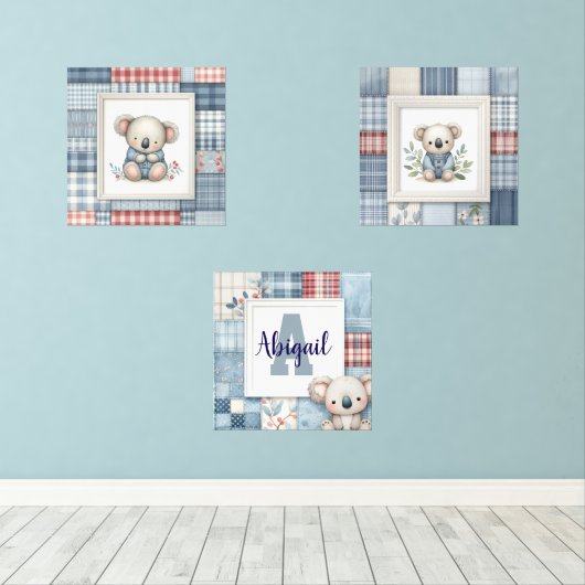 Patchwork Denim Koala Personalized Nursery Prints (Houten vloer)