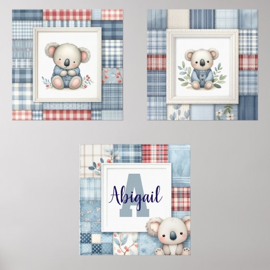 Patchwork Denim Koala Personalized Nursery Prints (Voorkant)