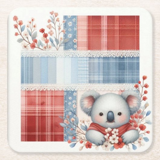 Patchwork Denim Koala Square Paper Coasters Vierkante Kartonnen Onderzetter (Voorkant)