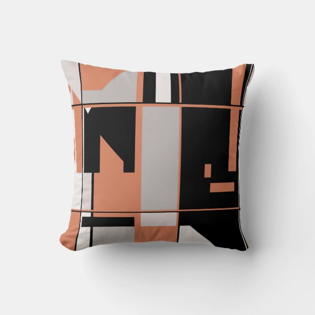 Patchwork Design in Salmon Sinaasappel Zwart Grijs Kussen (Voorkant)
