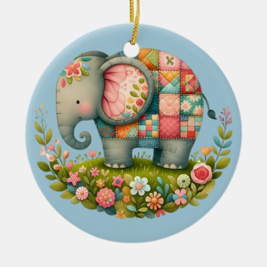 Patchwork Elephant Floral Meadow Charm Keramisch Ornament (Voorkant)
