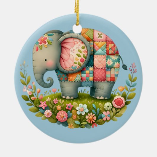 Patchwork Elephant Floral Meadow Charm Keramisch Ornament (Achterkant)