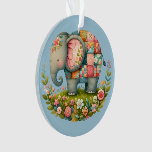 Patchwork Elephant Floral Meadow Charm Ornament (voorkant)