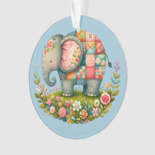 Patchwork Elephant Floral Meadow Charm Ornament (voorkant)