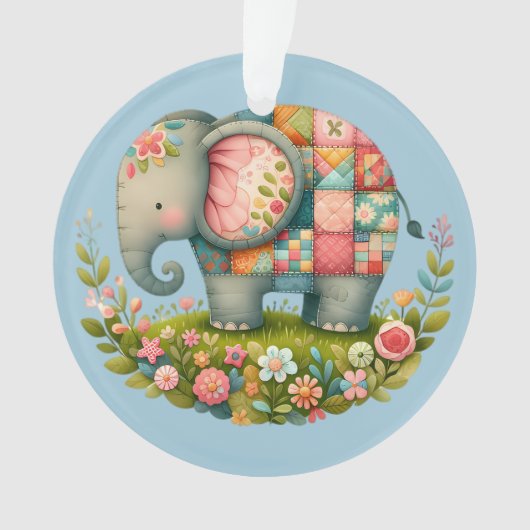 Patchwork Elephant Floral Meadow Charm Ornament (voorkant)
