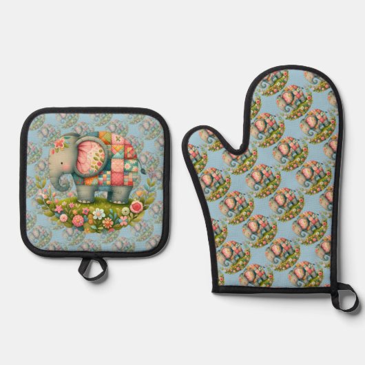 Patchwork Elephant Floral Meadow Charm Ovenwant & Pannenlap Set (Voorkant)