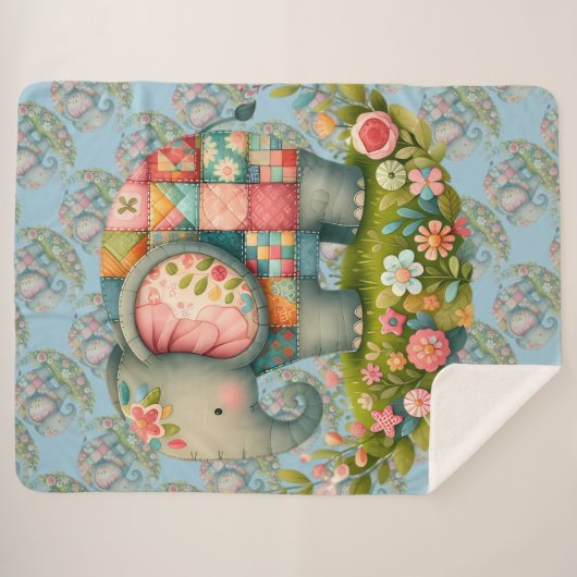 Patchwork Elephant Floral Meadow Charm Sherpa Deken (Voorkant (horizontaal))