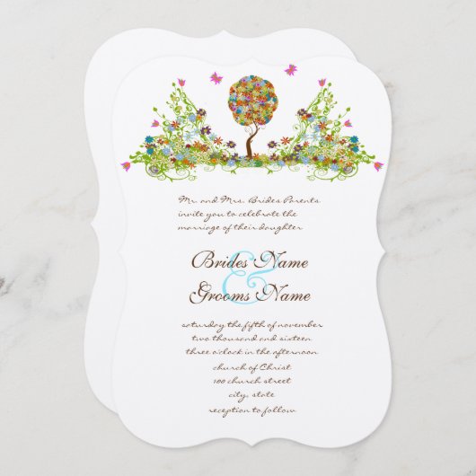 Patchwork Enchanted Forest Tree Wedding Invitation Kaart (Voorkant / Achterkant)