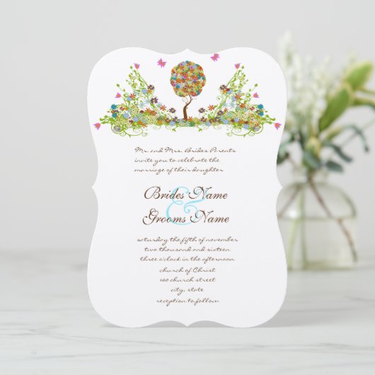 Patchwork Enchanted Forest Tree Wedding Invitation Kaart (Staand voorkant)