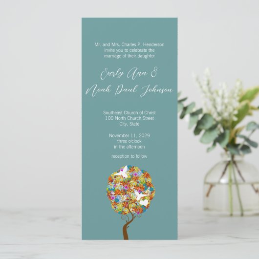 Patchwork Flower Tree and bijes Wedding Invitation Kaart (Staand voorkant)