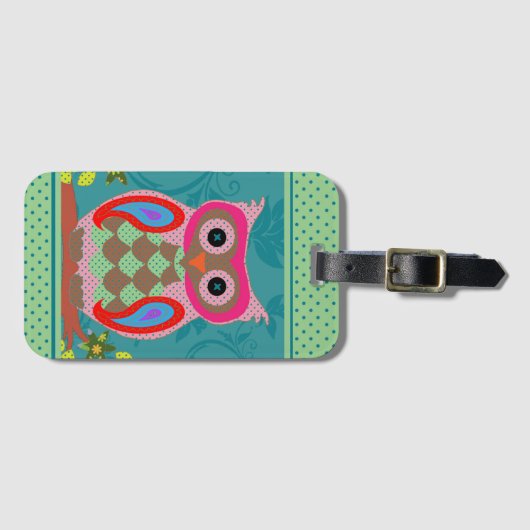 Patchwork Folk Art Owl en Stippen Bagagelabel (Voorkant (horizontaal))