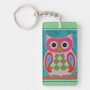 Patchwork Folk Art Owl en Stippen Sleutelhanger