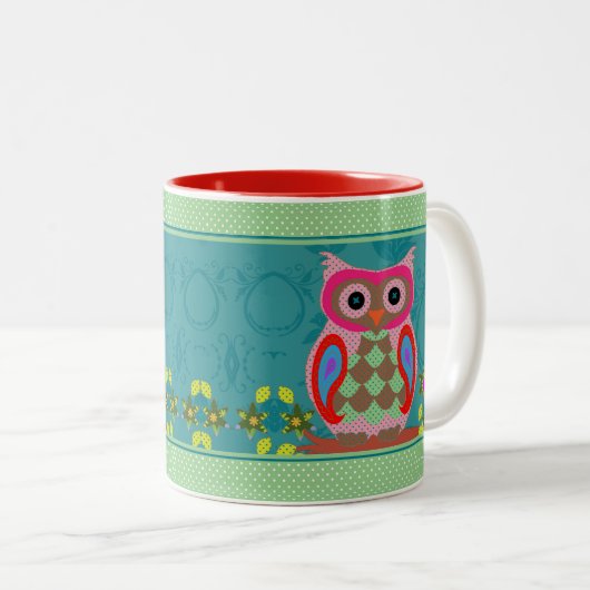 Patchwork Folk Art Owl en Stippen Tweekleurige Koffiemok (Voorkant rechts)