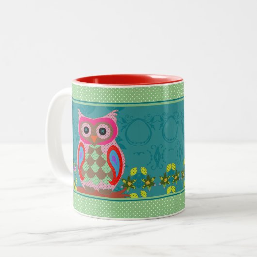 Patchwork Folk Art Owl en Stippen Tweekleurige Koffiemok (Voorkant links)