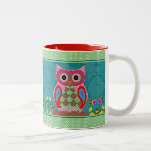 Patchwork Folk Art Owl en Stippen Tweekleurige Koffiemok (Rechts)