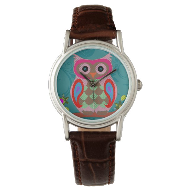 Patchwork Folk Art Owl Horloge (Voorkant)
