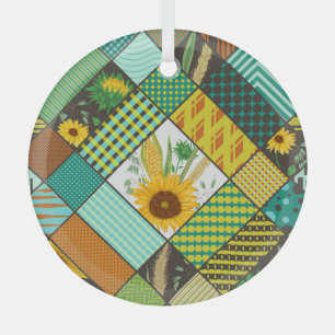 Patchwork granen, zonnebloemen, geometrisch patroo glas ornament