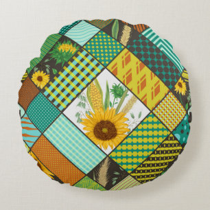 Patchwork granen, zonnebloemen, geometrisch patroo rond kussen