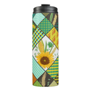 Patchwork granen, zonnebloemen, geometrisch patroo thermosbeker