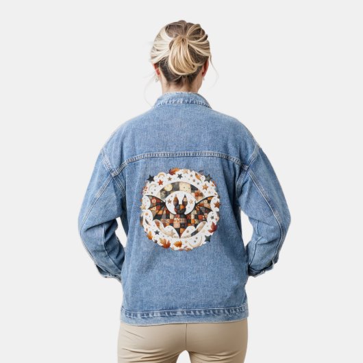 Patchwork Halloween Bat in Herfst Kleuren Denim Jacket (Model)