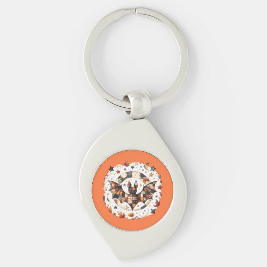 Patchwork Halloween Bat in Herfst Kleuren Sleutelhanger (Voorkant)