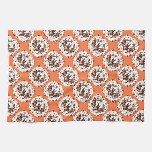 Patchwork Halloween Bat in Herfst Kleuren Theedoek (Horizontaal)