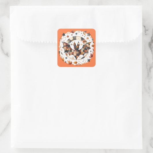 Patchwork Halloween Bat in Herfst Kleuren Vierkante Sticker (Tas)