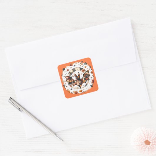Patchwork Halloween Bat in Herfst Kleuren Vierkante Sticker (Envelop)