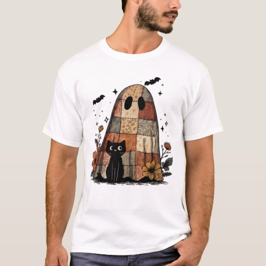 Patchwork Halloween Fantôme chat noir T-Shirt Esse (Devant)