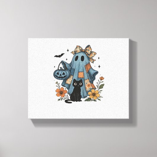 Patchwork Halloween Ghost Black Cat Essential T-Sh Canvas Afdruk (Voorkant)