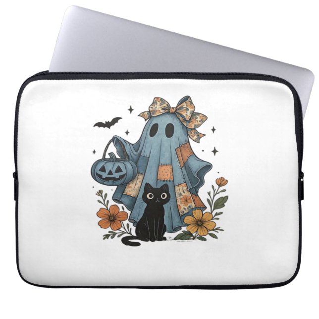 Patchwork Halloween Ghost Black Cat Essential T-Sh Laptop Sleeve (Voorkant)