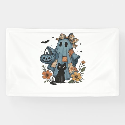 Patchwork Halloween Ghost Black Cat Essential T-Sh Spandoek (Horizontaal)