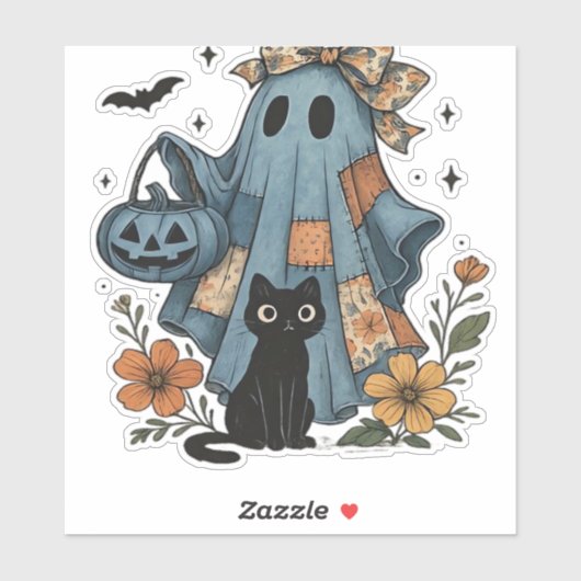 Patchwork Halloween Ghost Black Cat Essential T-Sh Sticker (Vel)
