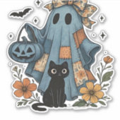 Patchwork Halloween Ghost Black Cat Essential T-Sh Sticker (Voorkant)