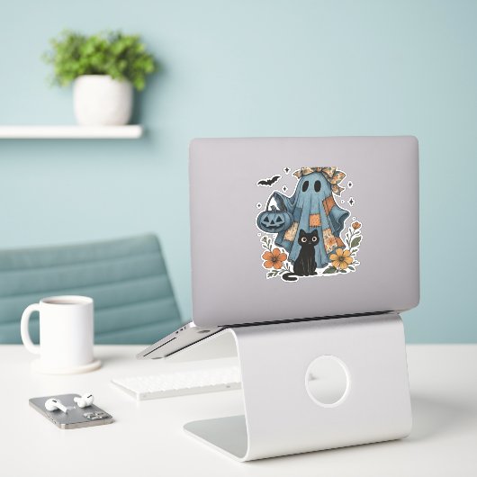 Patchwork Halloween Ghost Black Cat Essential T-Sh Sticker (Laptop op bureau)